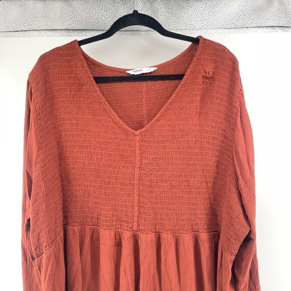 Sonoma Women’s 4X Brown V-Neck Smocked Gauze Babydoll Boho Peasant Top - Picture 3 of 12